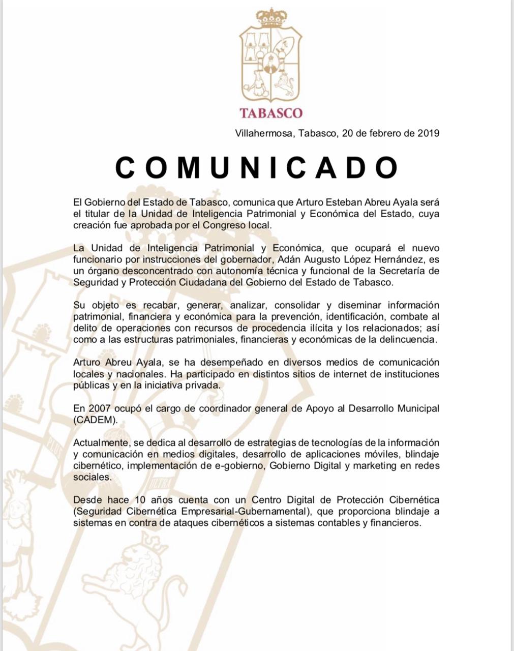ARTURO ABREU NUEVO TITULAR DE LA UNIDAD DE INTELIGENCIA FINANCIERA DEL ESTADO DE TABASCO