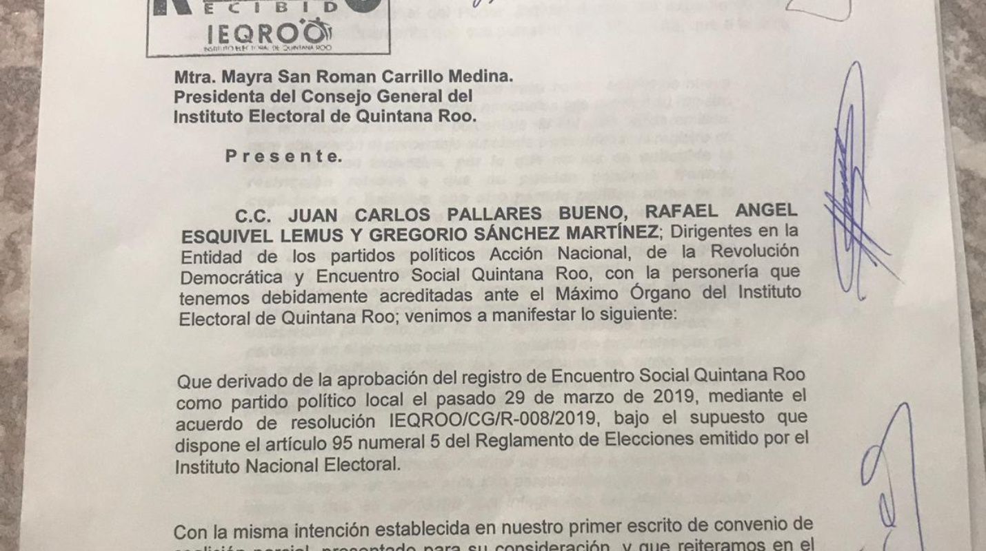 Confirman PES, PAN y PRD que van juntos en proceso electoral en Quintana Roo
