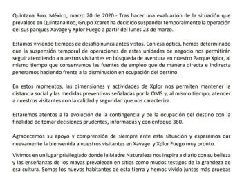 GRUPO XCARET ANUNCIA CIERRE TEMPORAL DE PARQUES XPLOR FUEGO Y XAVAGE; CONSERVAN FUENTES DE EMPLEO