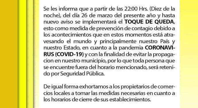 TOQUE DE QUEDA EN EL MUNICIPIO DE LÁZARO CÁRDENAS