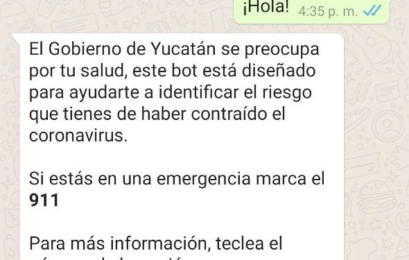 YUCATÁN LANZA UN CHAT VÍA WHATSAPP PARA PERSONAS QUE PRESENTEN SÍNTOMAS DE CORONAVIRUS
