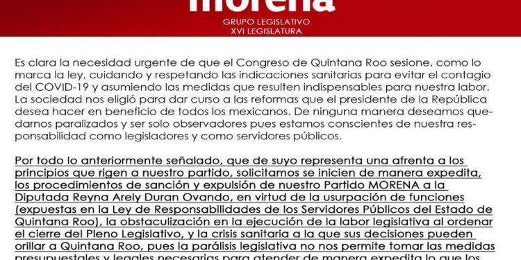 DIPUTADOS DE MORENA ACUSAN A REYNA DURÁN CON SU DIRIGENCIA NACIONAL