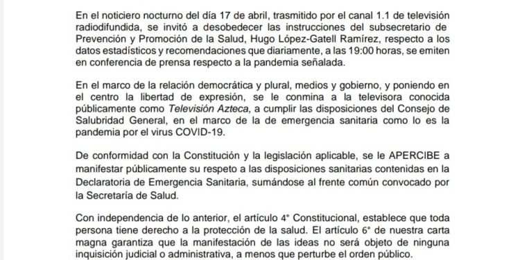 APERCIBE GOBERNACIÓN PÚBLICAMENTE A TV AZTECA