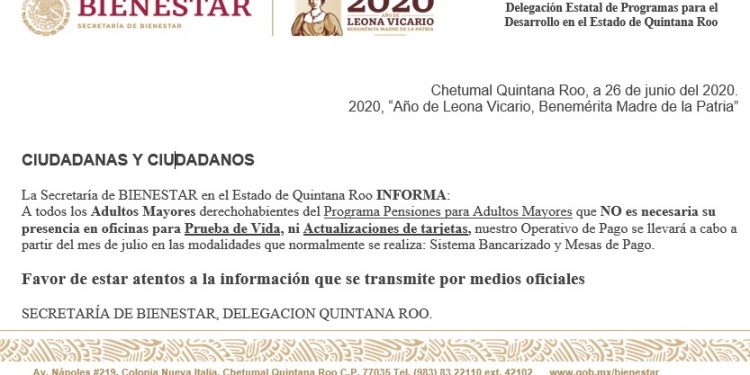 SECRETARÍA DEL BIENESTAR INFORMA QUE NO ESTÁ HACIENDO PRUEBAS DE VIDA A PERSONAS DE LA TERCERA EDAD