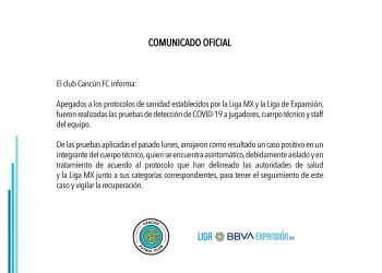 DA POSITIVO MIEMBRO DEL CUERPO TÉCNICO DE CANCÚN FC