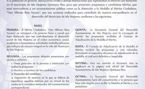 ESTE VIERNES 14 SE CIERRAN CONVOCATORIAS PARA LA ADJUDICACIÓN DE LAS MEDALLAS AL MÉRITO CIUDADANO Y TURÍSTICO EN ISLA MUJERES