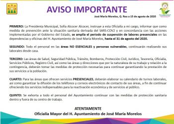 AYUNTAMIENTO DE JOSÉ MARÍA MORELOS AMPLÍA SUSPENSIÓN DE LABORES PRESENCIALES PARA PERSONAL NO ESENCIAL