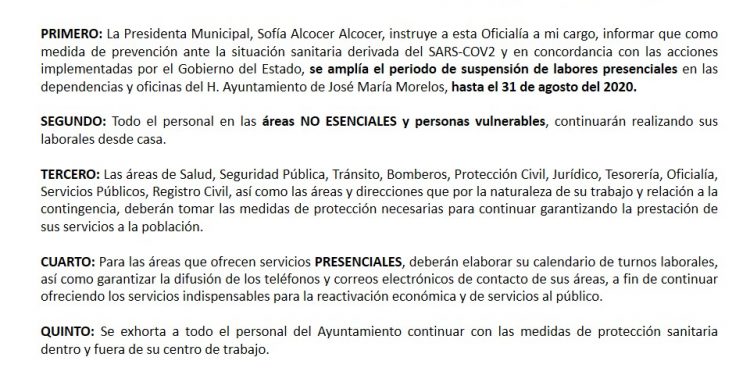 AYUNTAMIENTO DE JOSÉ MARÍA MORELOS AMPLÍA SUSPENSIÓN DE LABORES PRESENCIALES PARA PERSONAL NO ESENCIAL
