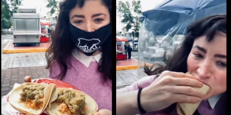 ‘LADY 3 PESOS’ SE COME UNOS TACOS DE CHICHARRÓN PARA DEMOSTRAR SU GUSTO POR ESTE PLATILLO