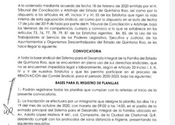 EMITEN CONVOCATORIA PARA RENOVAR LA DIRIGENCIA DEL SINDICATO DEL DIF QUINTANA ROO