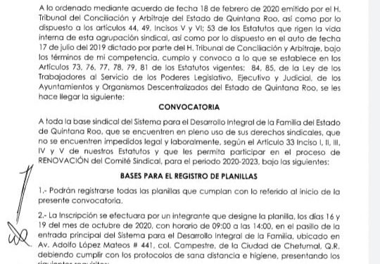 EMITEN CONVOCATORIA PARA RENOVAR LA DIRIGENCIA DEL SINDICATO DEL DIF QUINTANA ROO