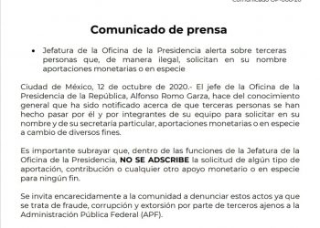 JEFATURA DE LA OFICINA DE LA PRESIDENCIA ALERTA SOBRE TERCERAS PERSONAS QUE, DE MANERA ILEGAL, SOLICITAN APORTACIONES MONETARIAS O EN ESPECIE
