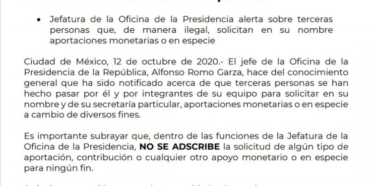 JEFATURA DE LA OFICINA DE LA PRESIDENCIA ALERTA SOBRE TERCERAS PERSONAS QUE, DE MANERA ILEGAL, SOLICITAN APORTACIONES MONETARIAS O EN ESPECIE