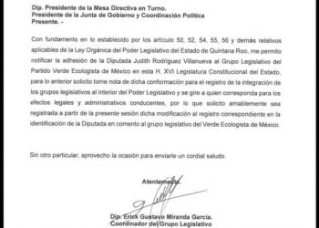 SE INTEGRA LA DIPUTADA JUDITH RODRÍGUEZ VILLANUEVA AL PARTIDO VERDE Y SE SUMA LA BANCADA DEL PVEM EN EL CONGRESO
