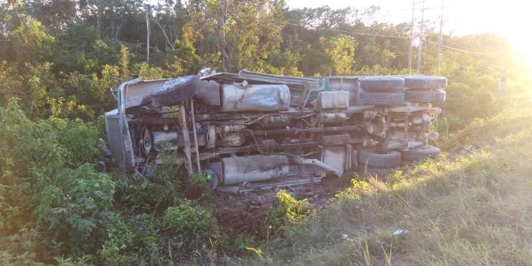 CONDUCTOR SE SALVA AL VOLCAR SU VEHÍCULO DE CARGA POR UNA FALLA MECÁNICA