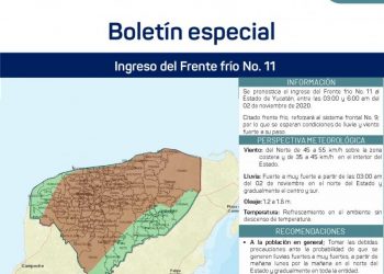 FRENTE FRÍO 11 TRAERÁ LLUVIAS Y VIENTOS FUERTES A YUCATÁN