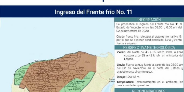 FRENTE FRÍO 11 TRAERÁ LLUVIAS Y VIENTOS FUERTES A YUCATÁN