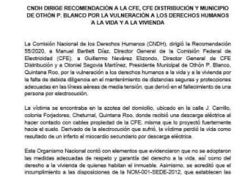 EMITE LA CNDH RECOMENDACIÓN AL AYTO DE OPB Y A LA CFE POR LA ELECTROCUCIÓN DE UNA PERSONA