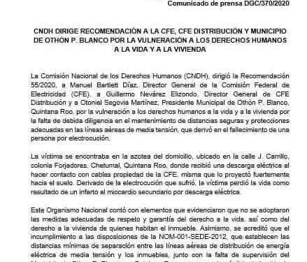 EMITE LA CNDH RECOMENDACIÓN AL AYTO DE OPB Y A LA CFE POR LA ELECTROCUCIÓN DE UNA PERSONA