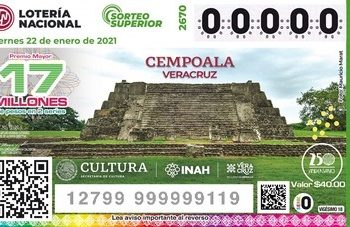 ESCENARIO DE HECHOS DECISIVOS DE LA CONQUISTA: CEMPOALA, VERACRUZ, FIGURA EN BILLETE DE LOTERÍA