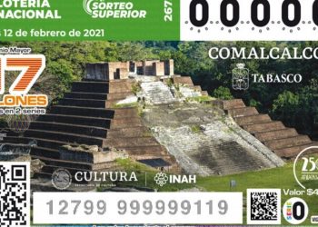 BILLETE DE LA LOTERÍA NACIONAL ALUSIVO A LA ZONA ARQUEOLÓGICA DE COMALCALCO