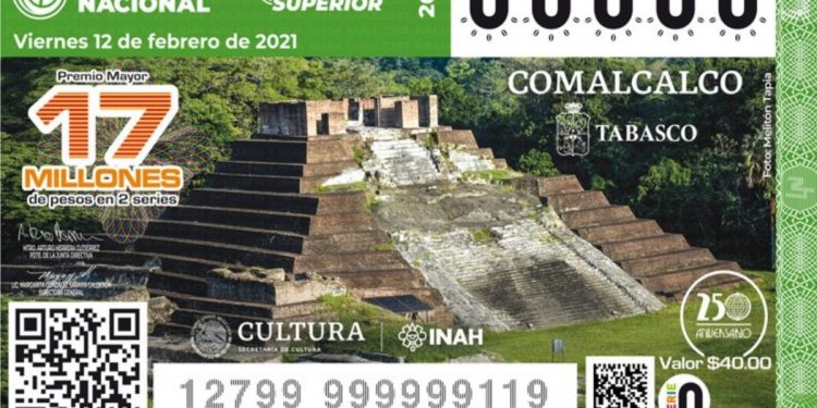 BILLETE DE LA LOTERÍA NACIONAL ALUSIVO A LA ZONA ARQUEOLÓGICA DE COMALCALCO