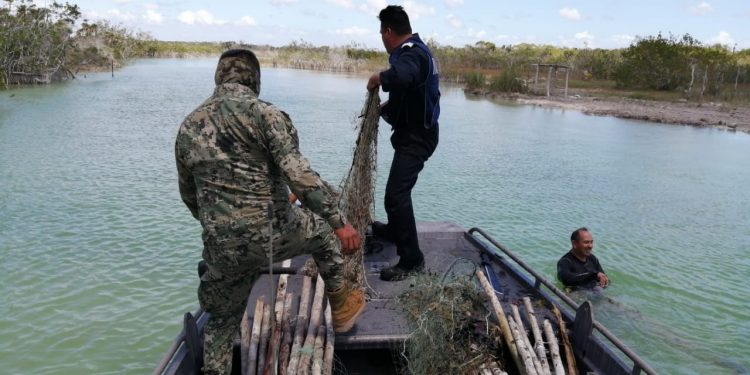 RETIRA LA SEMAR RED DE PESCA EN EL ESTERO DE CHAC