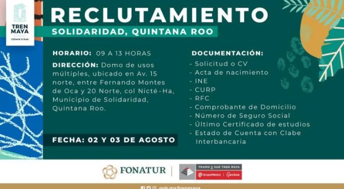 ABREN VACANTES PARA LA CONSTRUCCIÓN DEL TRAMO 5 SUR DEL TREN MAYA EN PLAYA DEL CARMEN