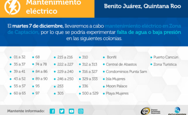 El servicio de Aguakan se podría ver afectado en Cancún el próximo martes por trabajos de mantenimiento