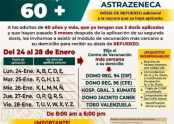 Anuncian las fechas para la aplicación de terceras dosis en adultos mayores