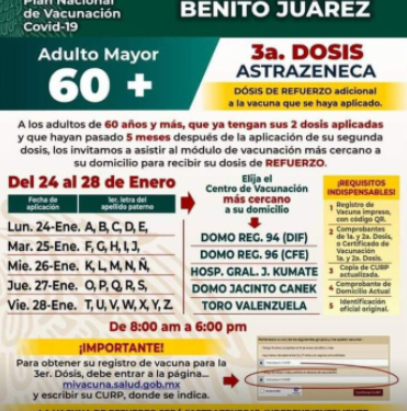 Anuncian las fechas para la aplicación de terceras dosis en adultos mayores