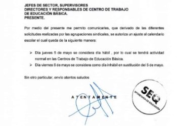Autoriza SEQ cambio de día inhábil por el 5 de mayo para las escuelas de educación básica