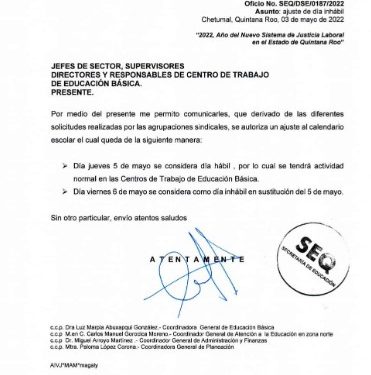 Autoriza SEQ cambio de día inhábil por el 5 de mayo para las escuelas de educación básica