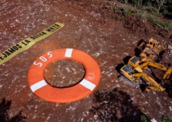 Greenpeace México coloca salvavidas gigante en el Tramo Cinco del Tren Maya con el mensaje “Protejamos la selva maya”