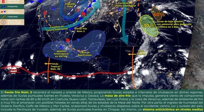 Frente frío número 5 interaccionará con un nuevo sistema frontal que lo fortalecerá y desplazará por el norte, noreste y oriente del país