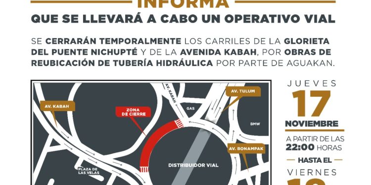 La Dirección de Tránsito de BJ informa sobre los cierres parciales a la circulación en Glorieta kabah