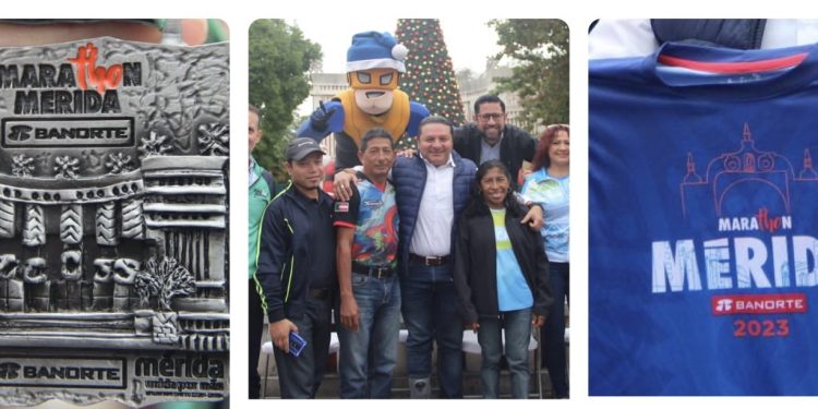 Presentan la playera y medalla que se entregará para el Maratón de Mérida 2023