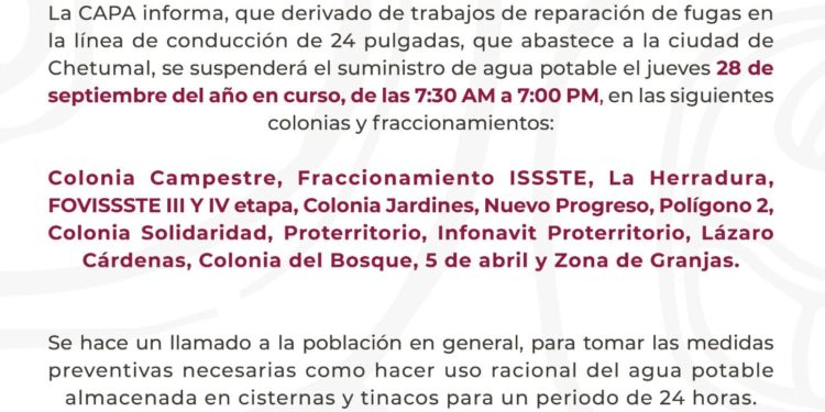 La CAPA realizará trabajos de mantenimiento en la línea de conducción del acueducto Chetumal