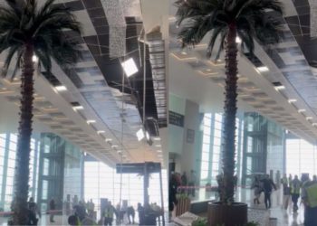 Cae techo del AIFA en aérea de llegadas