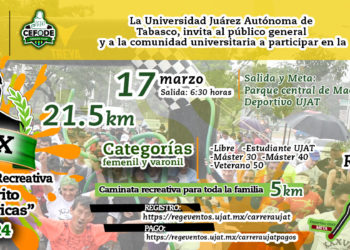 Invita UJAT a inscribirse en la XXXIX Carrera Atlética y Recreativa “Benemérito de las Américas”