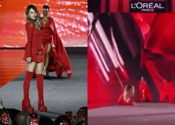 Belinda sufre aparatosa caída durante desfile de L’Oréal Paris