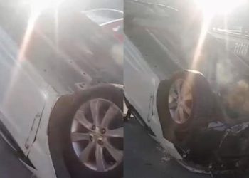 Auto vuelca tras cerrón de tráiler en periférico de Villahermosa