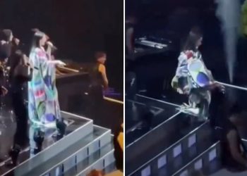 Laura Pausini sufre tremenda caída durante su concierto en Milán