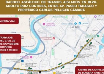 Inician labores de bacheo en bulevar Ruiz Cortines en Villahermosa
