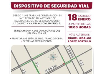 Aplica tránsito de BJ dispositivo vial en Av. Francisco I. Madero por trabajos de infraestructura