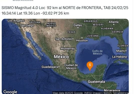 Sismo de magnitud 4.0 se registra en costas de Frontera, Tabasco