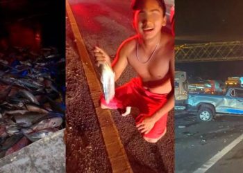 Accidente en la Villahermosa-Frontera: camión con pescado vuelca y genera caos vial
