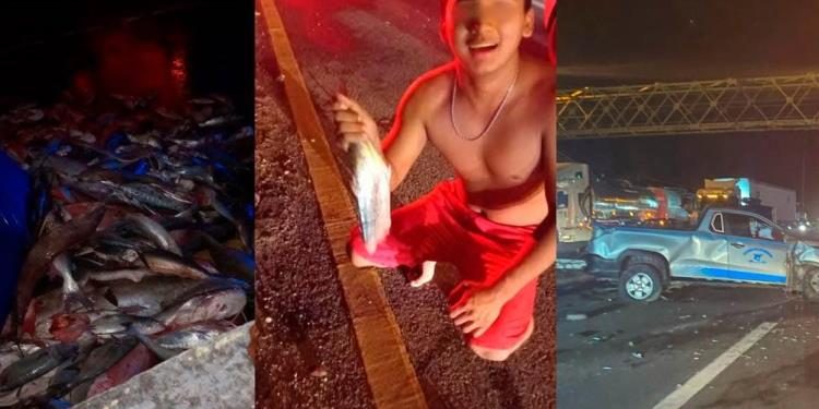 Accidente en la Villahermosa-Frontera: camión con pescado vuelca y genera caos vial