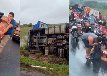 Vuelca tráiler cargado de leche y termina rapiñado en la Coatzacoalcos-La Venta
