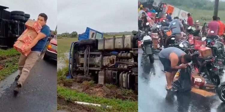 Vuelca tráiler cargado de leche y termina rapiñado en la Coatzacoalcos-La Venta